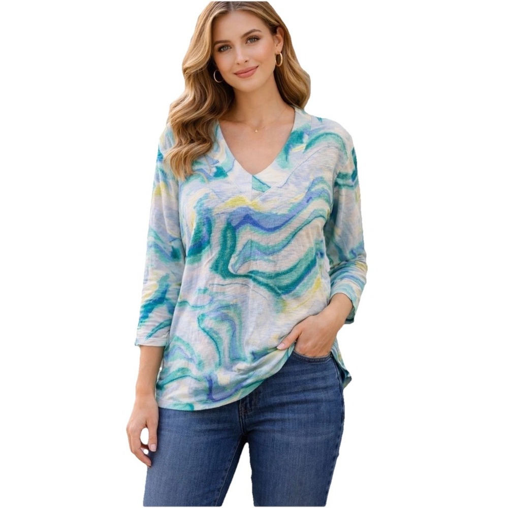 Chico's Linen Top Size 2 Watercolor V-Neck 3/4 Sleeve Tunic Vacation Coastal